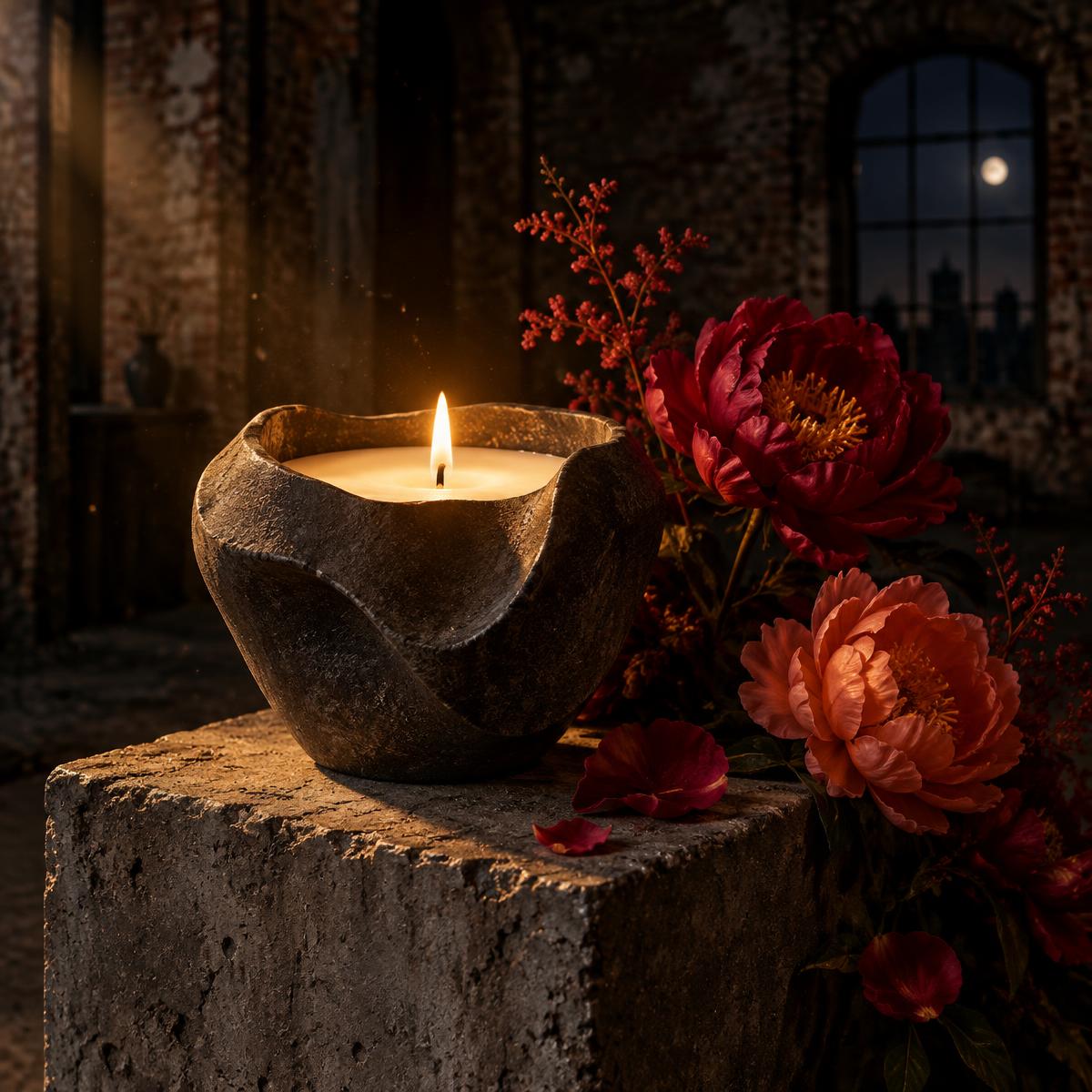 A hand-poured candle surrounded by rich flowers