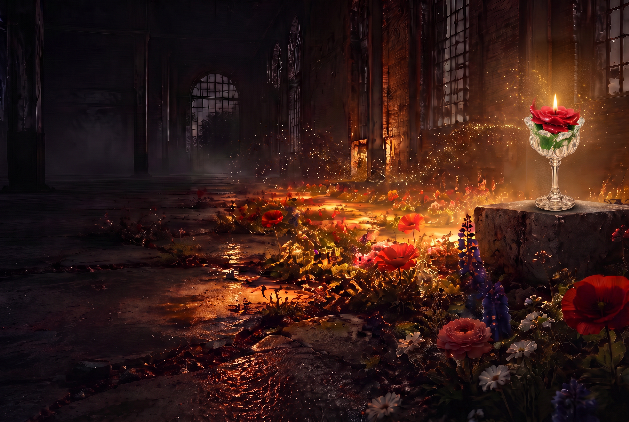 A glowing candle bringing flowers to life in a dark industrial hall