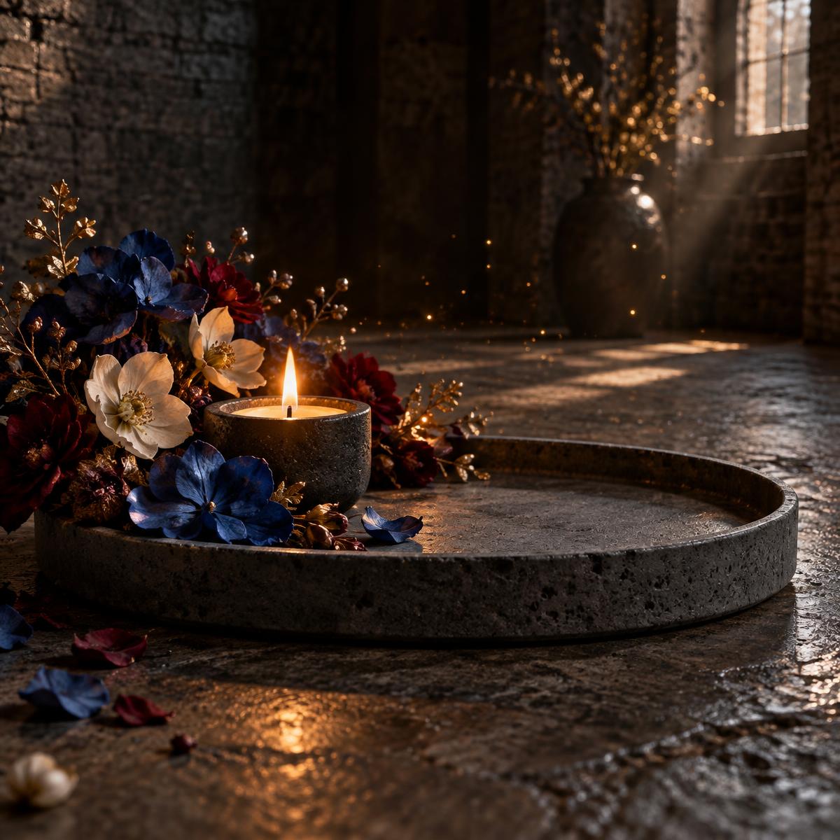 A handmade stone tray with candlelight and flowers